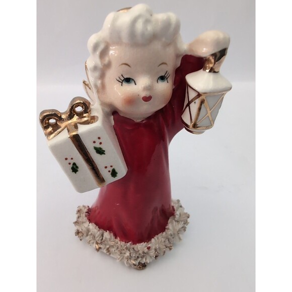 Vtg Christmas Angel Figurine Spaghetti Trim Lantern Present Fine A Quality Japan - Picture 7 of 7
